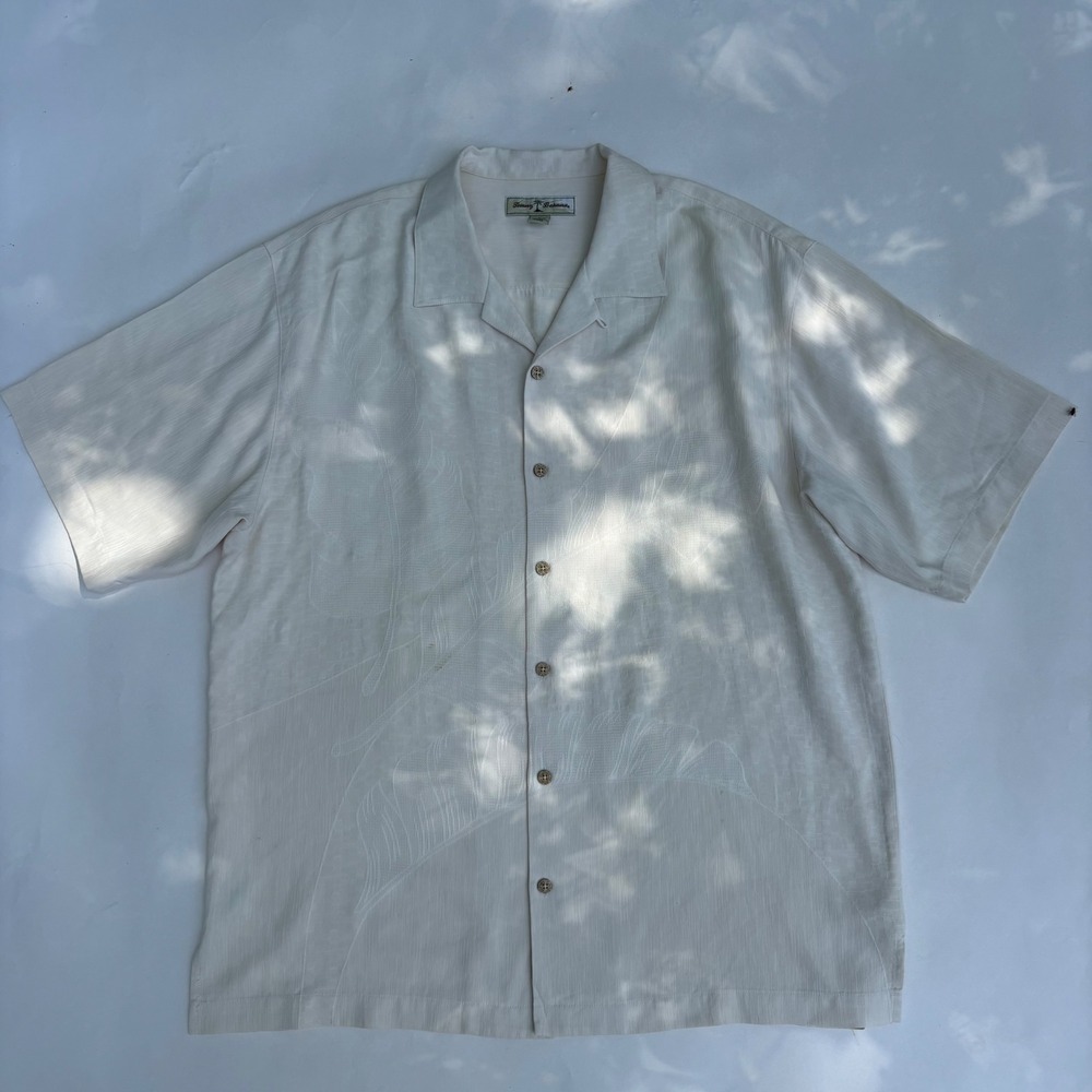 Tommy Bahama Mens Large 100% Silk Short Sleeve Camp Shirt Off White Floral L